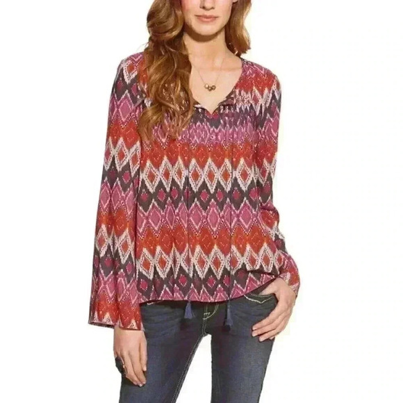 Ariat Tops - Ariat Peasant Top Womens XL Pink Red Bell Sleeve Blouse Tassle Chevron Western
